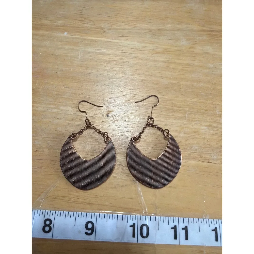 Boho Copper Hammered Crescent Drop Earrings Embossed Floral‎ Dangle Western